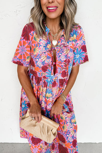 Rose Floral Print Tie Front High Waist Loose Midi Dress - HieuLuxe