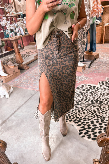 Brown Leopard Frayed Split Denim Midi Skirt - HieuLuxe