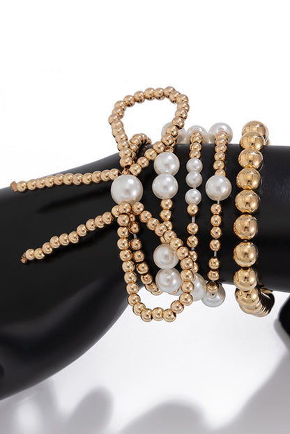 Gold Bow Knot Pearl Beaded Multi Layered Bracelet Set - HieuLuxe