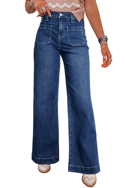 Sail Blue Wide Leg Pocketed High Waist Jeans - HieuLuxe
