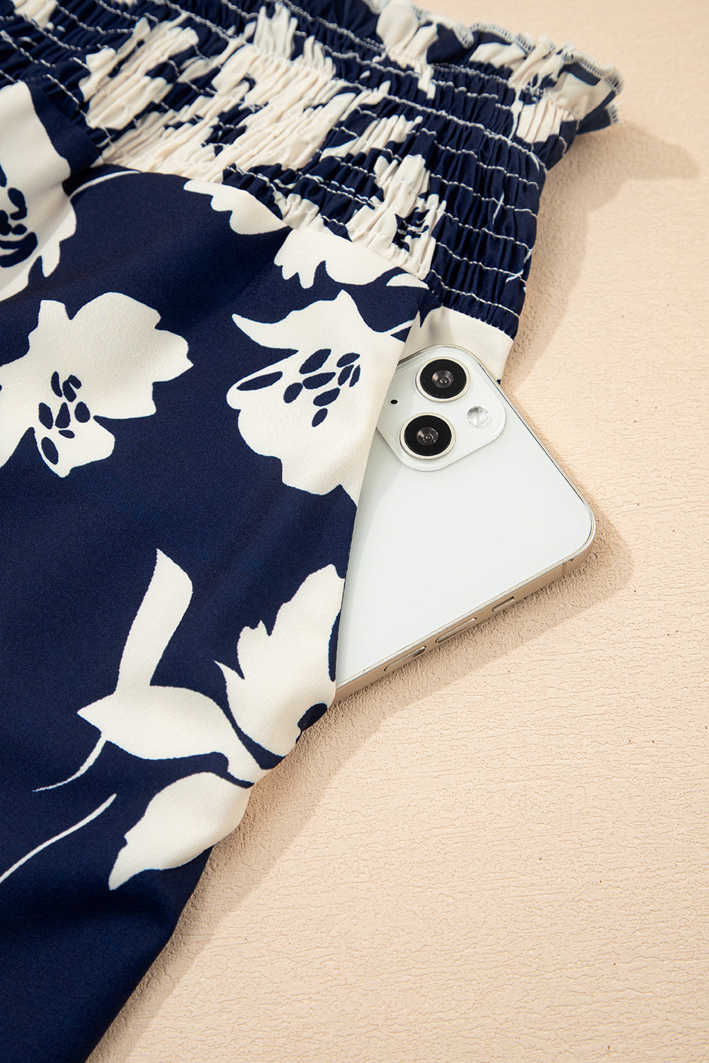 Blue Floral Smocked Frill Waist Wide Leg Pants - HieuLuxe