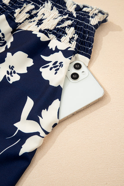 Blue Floral Smocked Frill Waist Wide Leg Pants - HieuLuxe