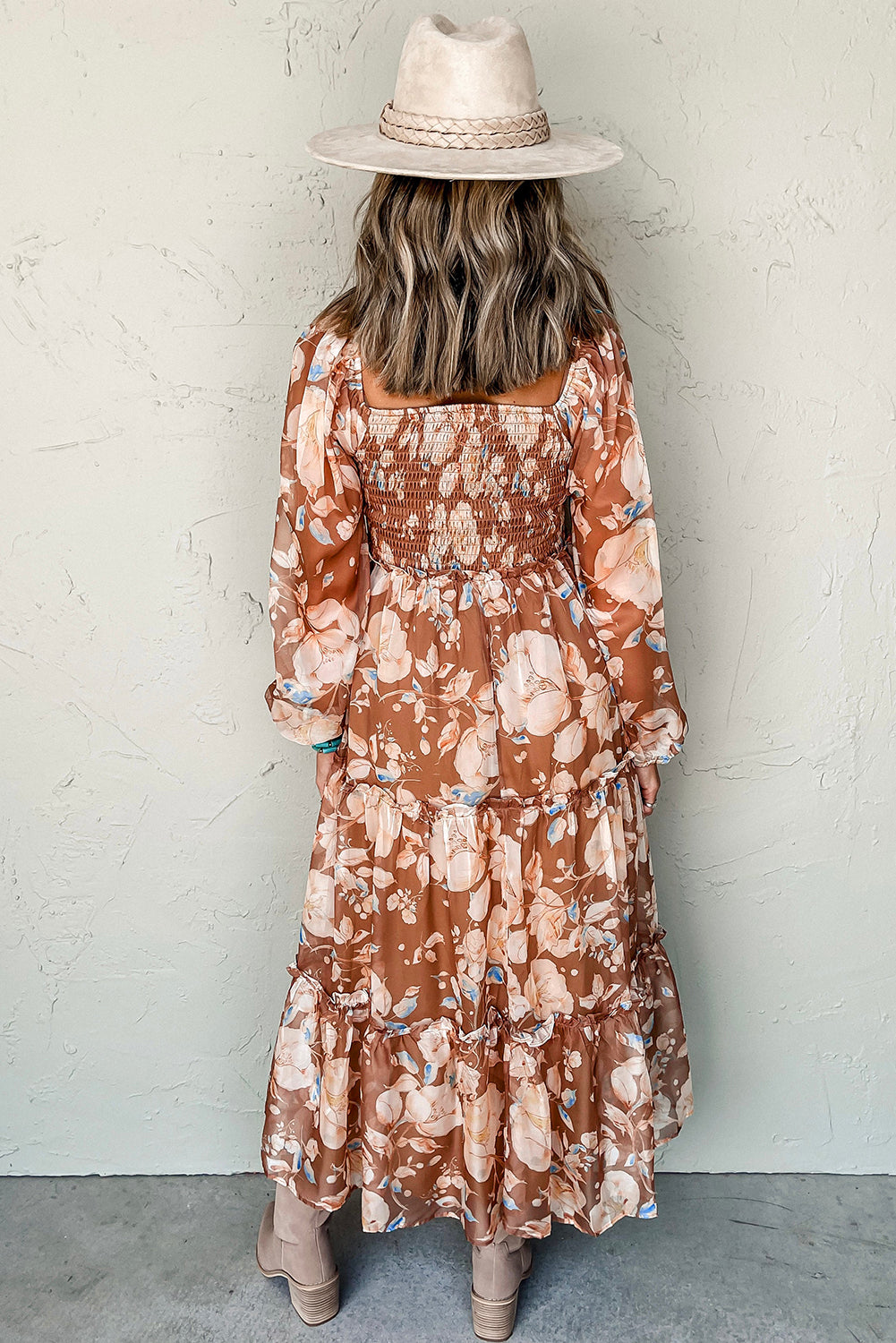 Brown Floral Print Shirred Square Neck High Waist Maxi Dress - HieuLuxe
