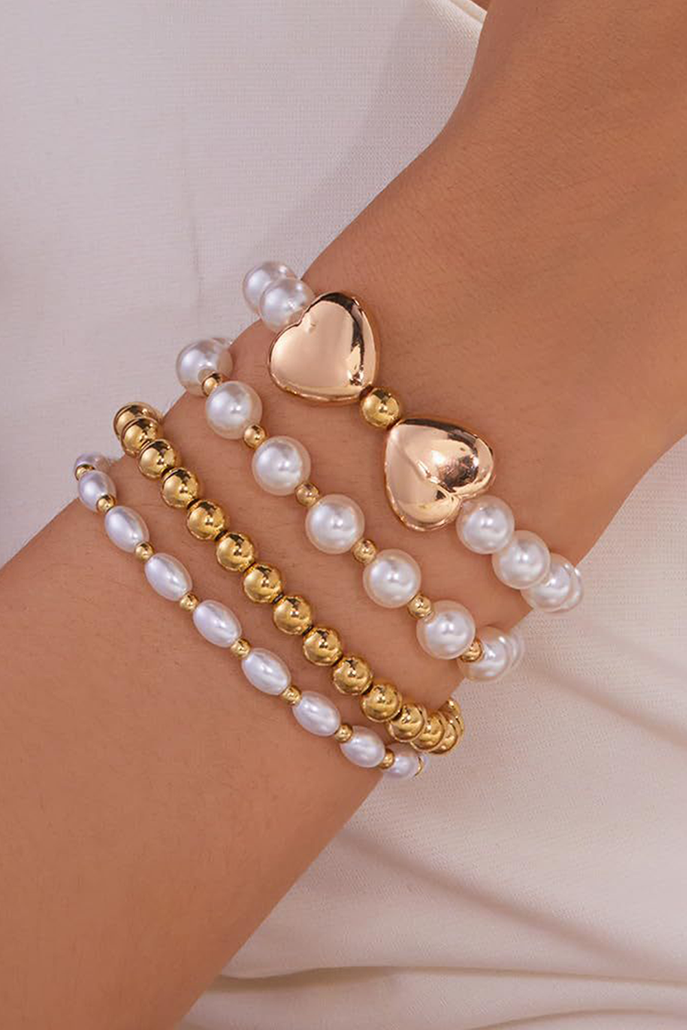 Gold Pearl Stackable Heart Beaded Bracelet Set - HieuLuxe
