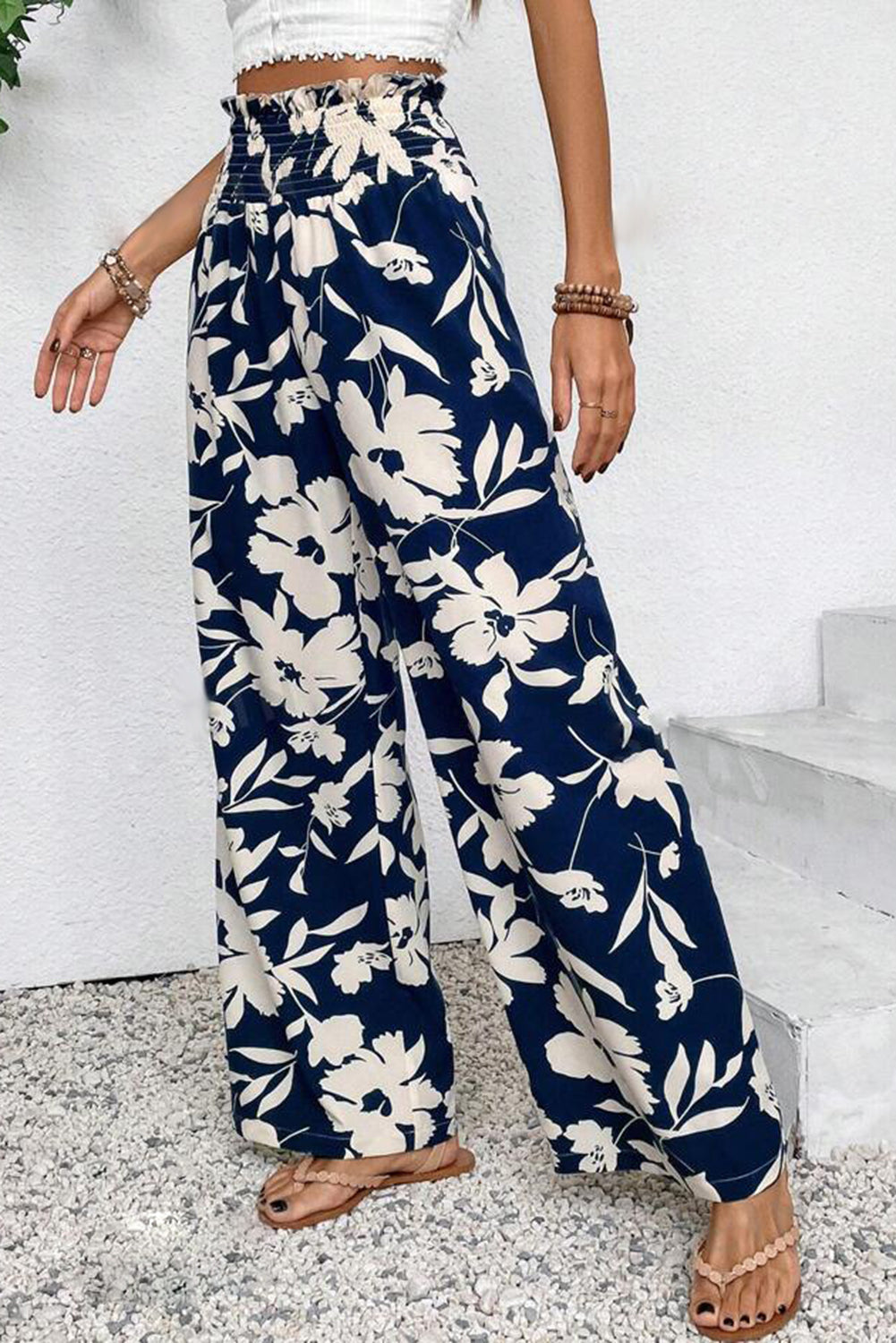 Blue Floral Smocked Frill Waist Wide Leg Pants - HieuLuxe
