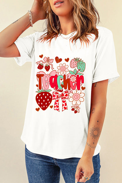 White Cute Strawberry Floral Teacher Graphic Custom Tee - HieuLuxe
