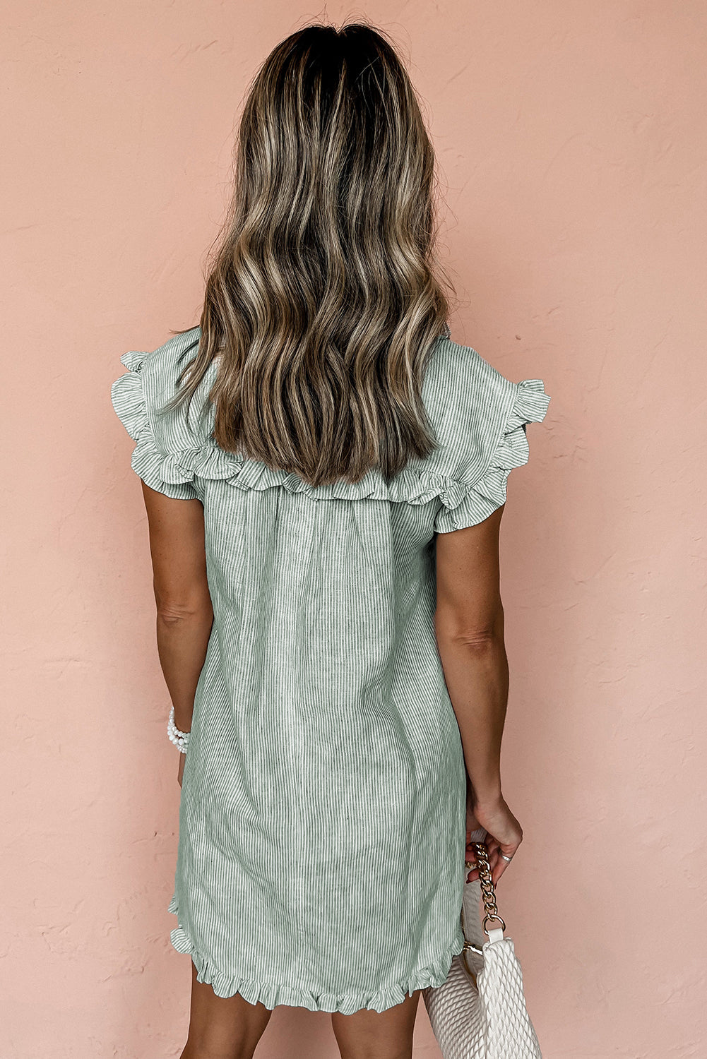 Green Stripe Frill Trim Pocket Button Up Mini Dress - HieuLuxe