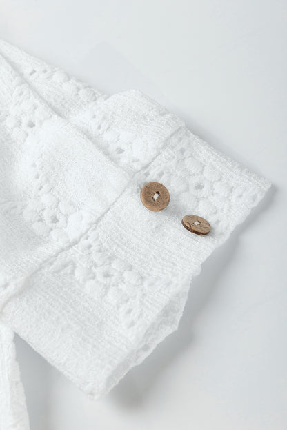 White Embroidered Floral Geometric Button Short Sleeve Top - HieuLuxe