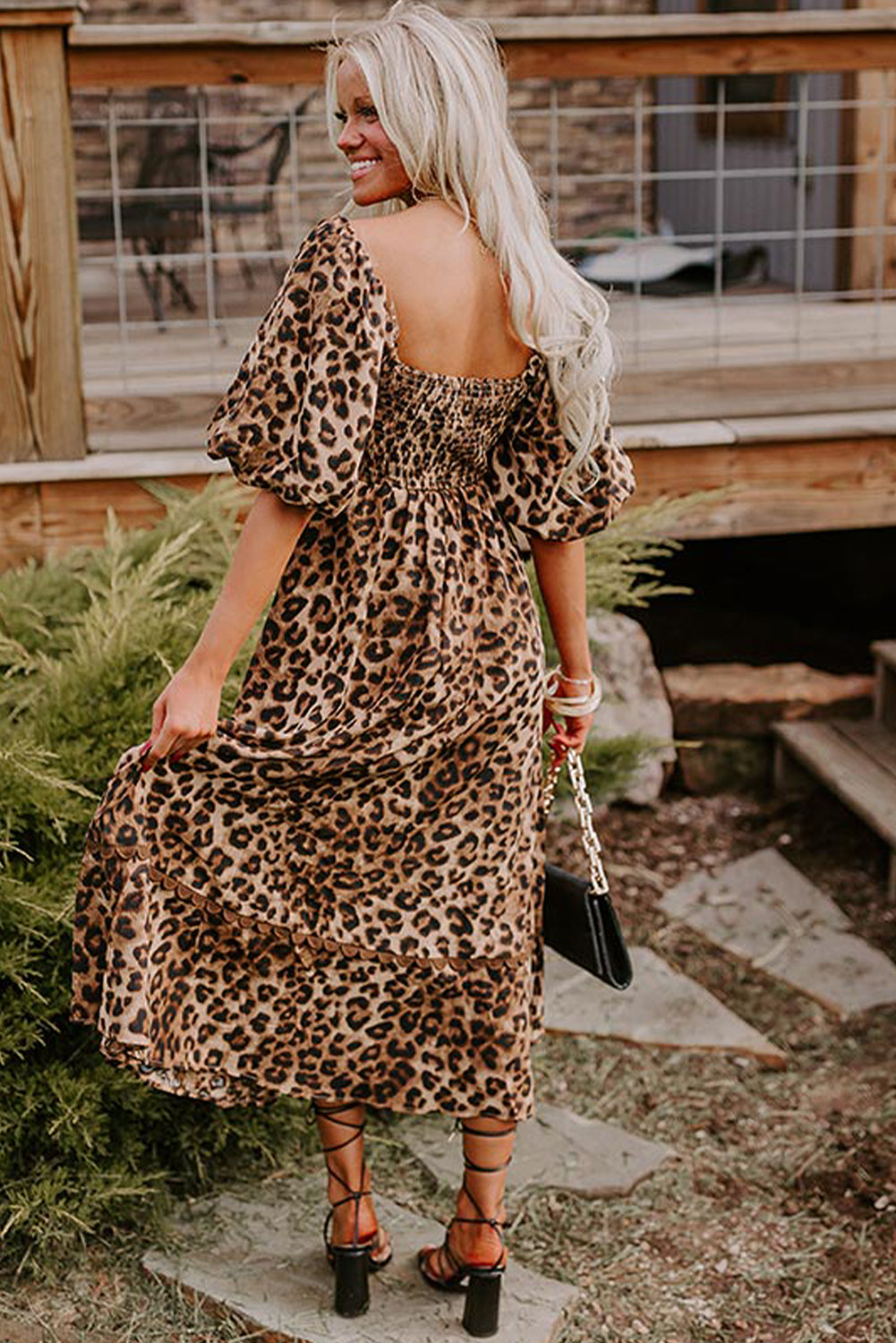 Brown Leopard Print Puff Sleeve Ricrac Maxi Dress - HieuLuxe