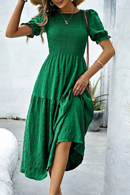 Dark Green Solid Textured Shirred High Waist Midi Dress - HieuLuxe