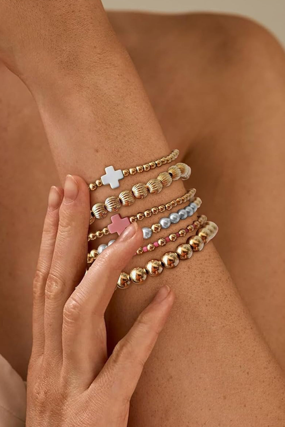 Gold Pearl Cross Beaded Stretch Bracelet Set - HieuLuxe