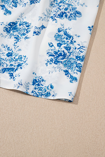 Sky Blue Floral Print Smocked Knot Shoulder Sleeveless Midi Dress - HieuLuxe