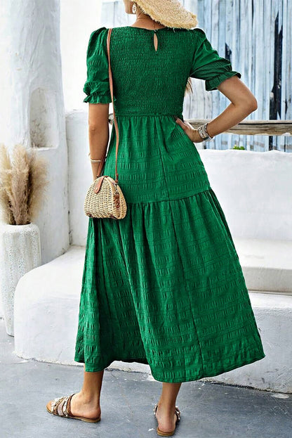 Dark Green Solid Textured Shirred High Waist Midi Dress - HieuLuxe