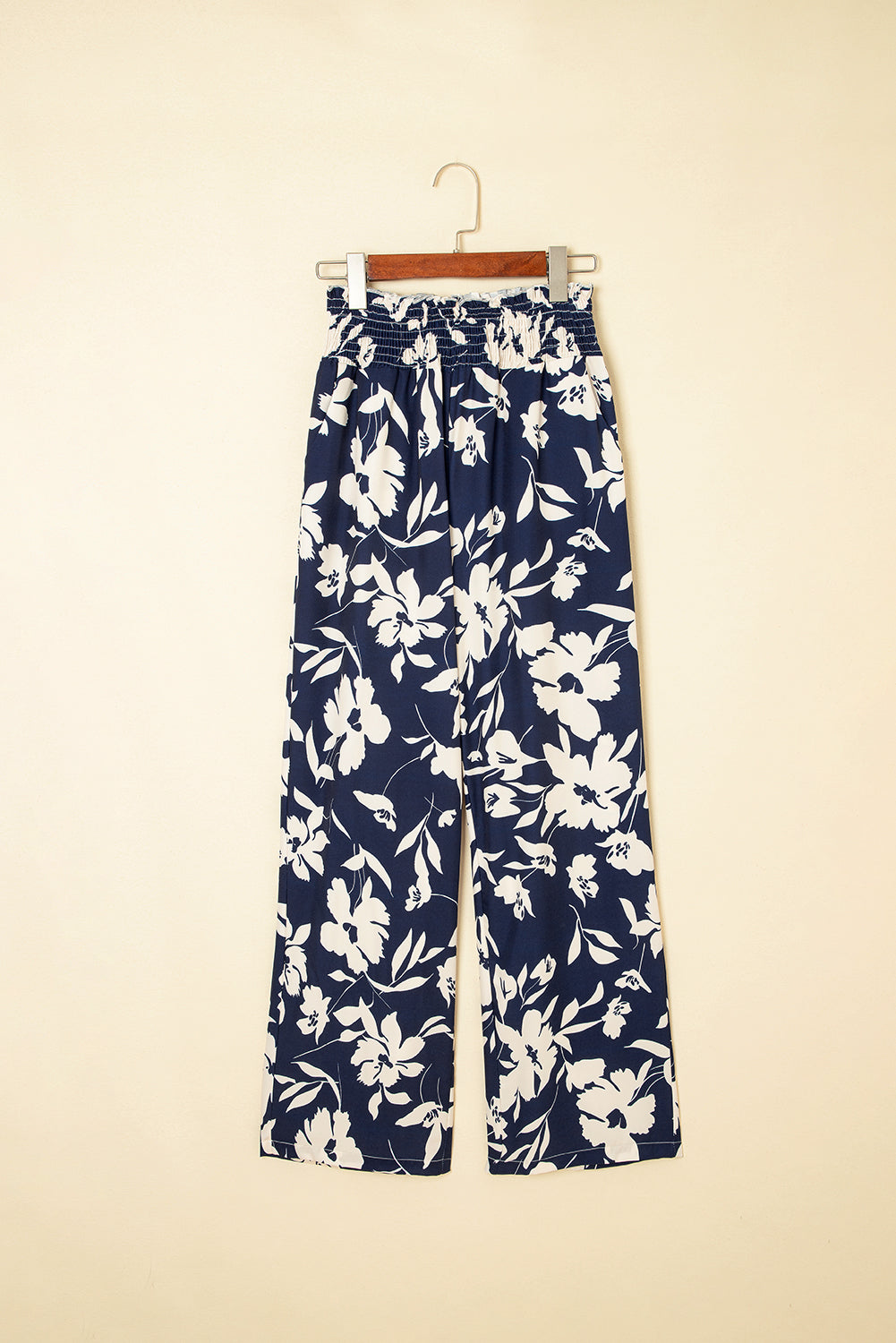 Blue Floral Smocked Frill Waist Wide Leg Pants - HieuLuxe