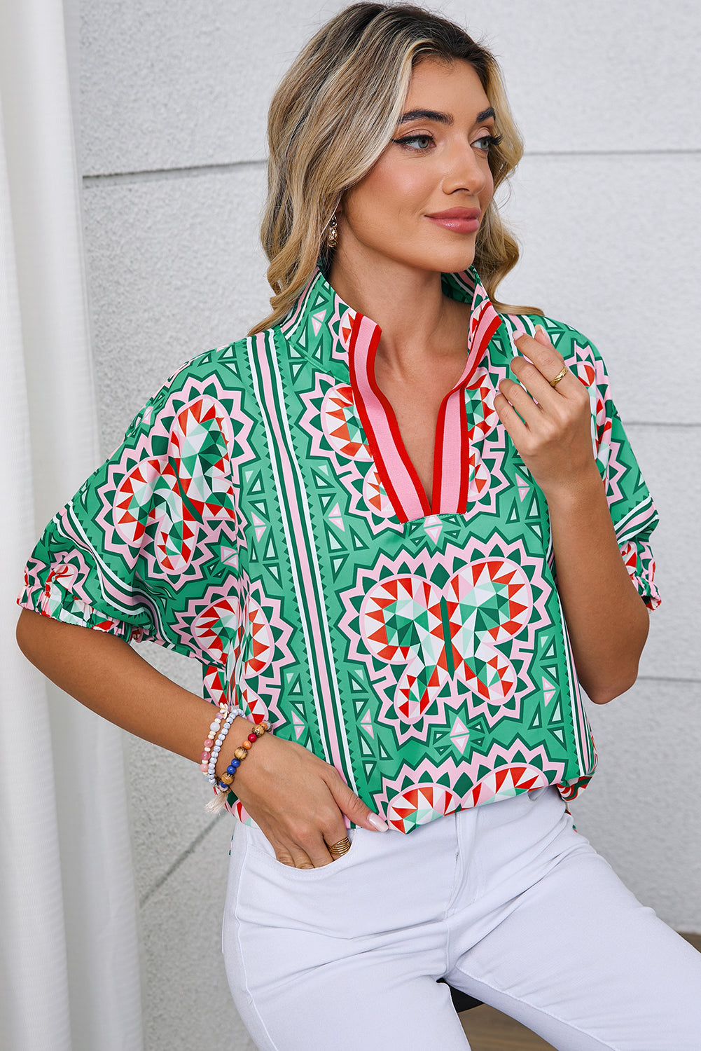 Sea Green Boho Geometric Print Pop of Color Neckline Blouse - HieuLuxe