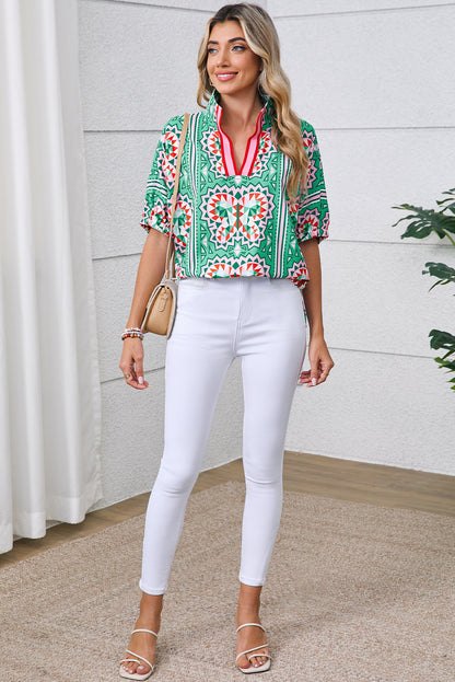 Sea Green Boho Geometric Print Pop of Color Neckline Blouse - HieuLuxe