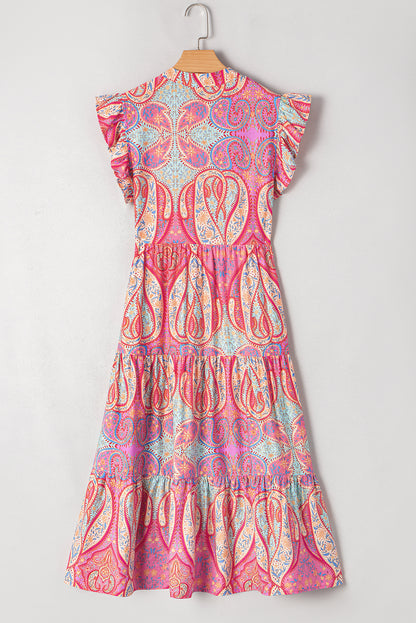 Rose Ethnic Paisley Print Ruffle Sleeve Notch Neck Midi Dress - HieuLuxe