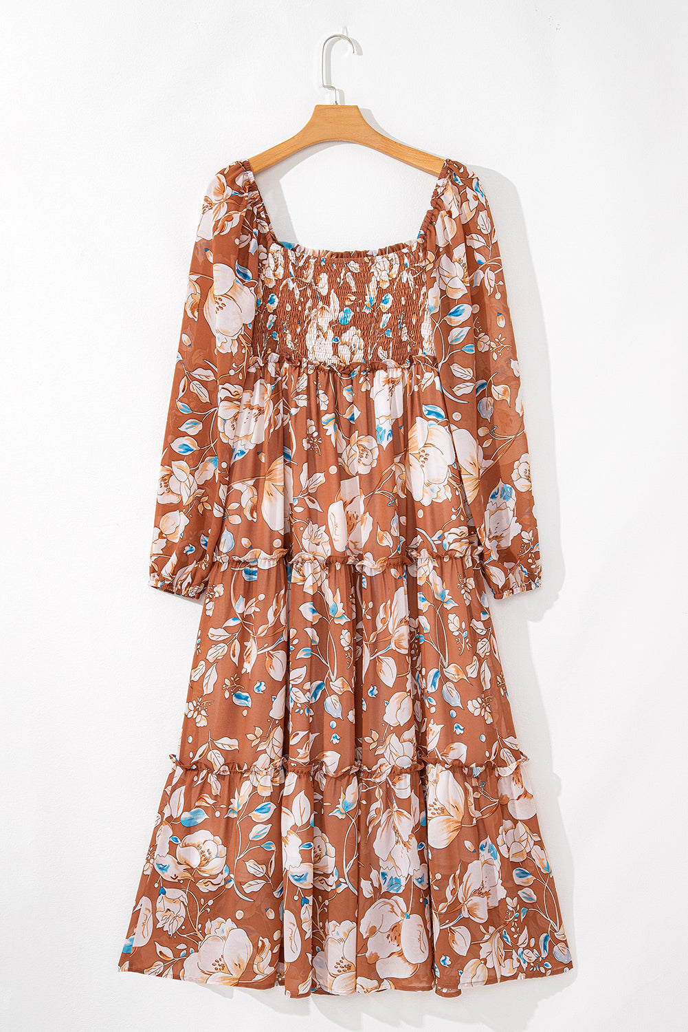 Brown Floral Print Shirred Square Neck High Waist Maxi Dress - HieuLuxe