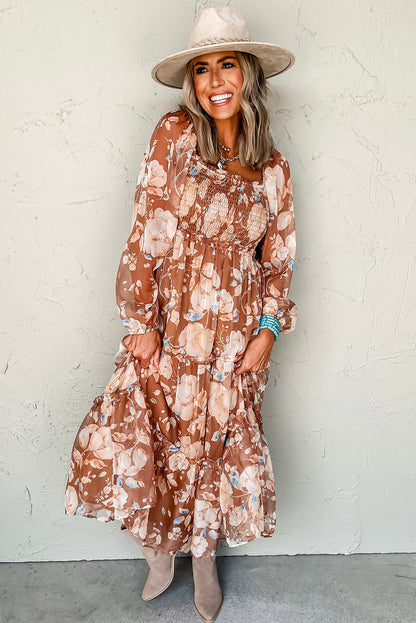 Brown Floral Print Shirred Square Neck High Waist Maxi Dress - HieuLuxe