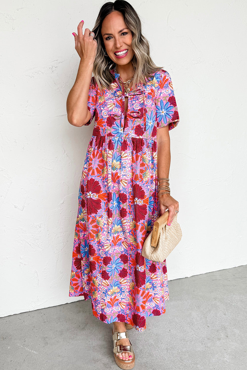 Rose Floral Print Tie Front High Waist Loose Midi Dress - HieuLuxe