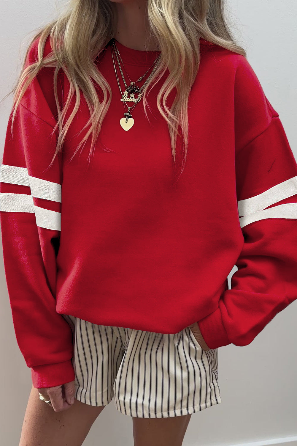 Fiery Red Preppy Striped Sleeve Loose Sweatshirt - HieuLuxe
