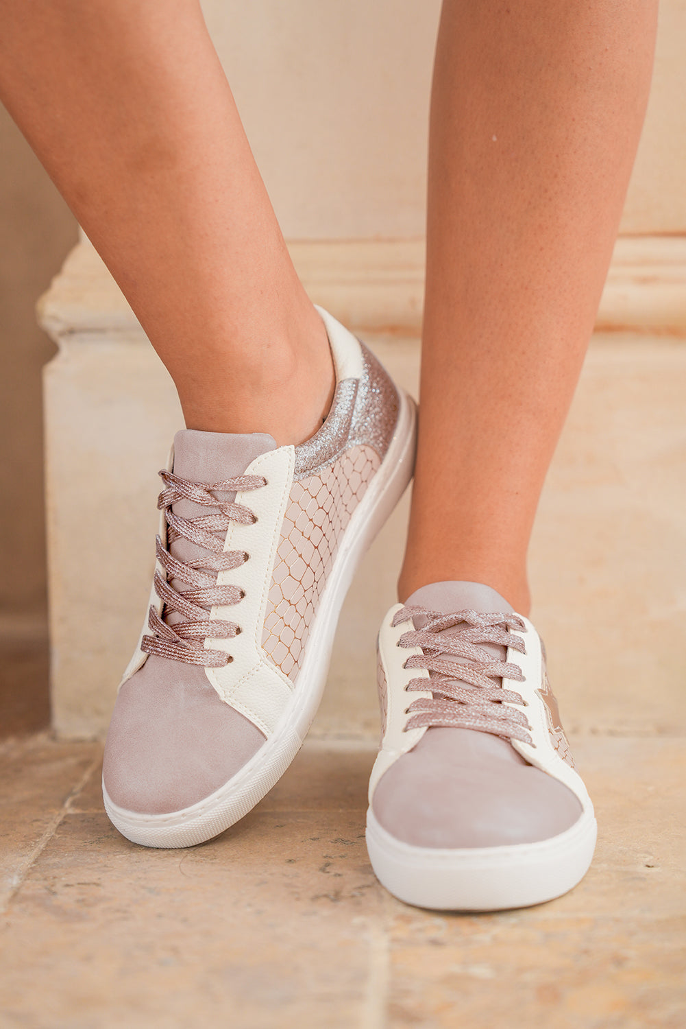 Gold Glitter Star Patchwork PU Leather Lace-up Sneakers - HieuLuxe