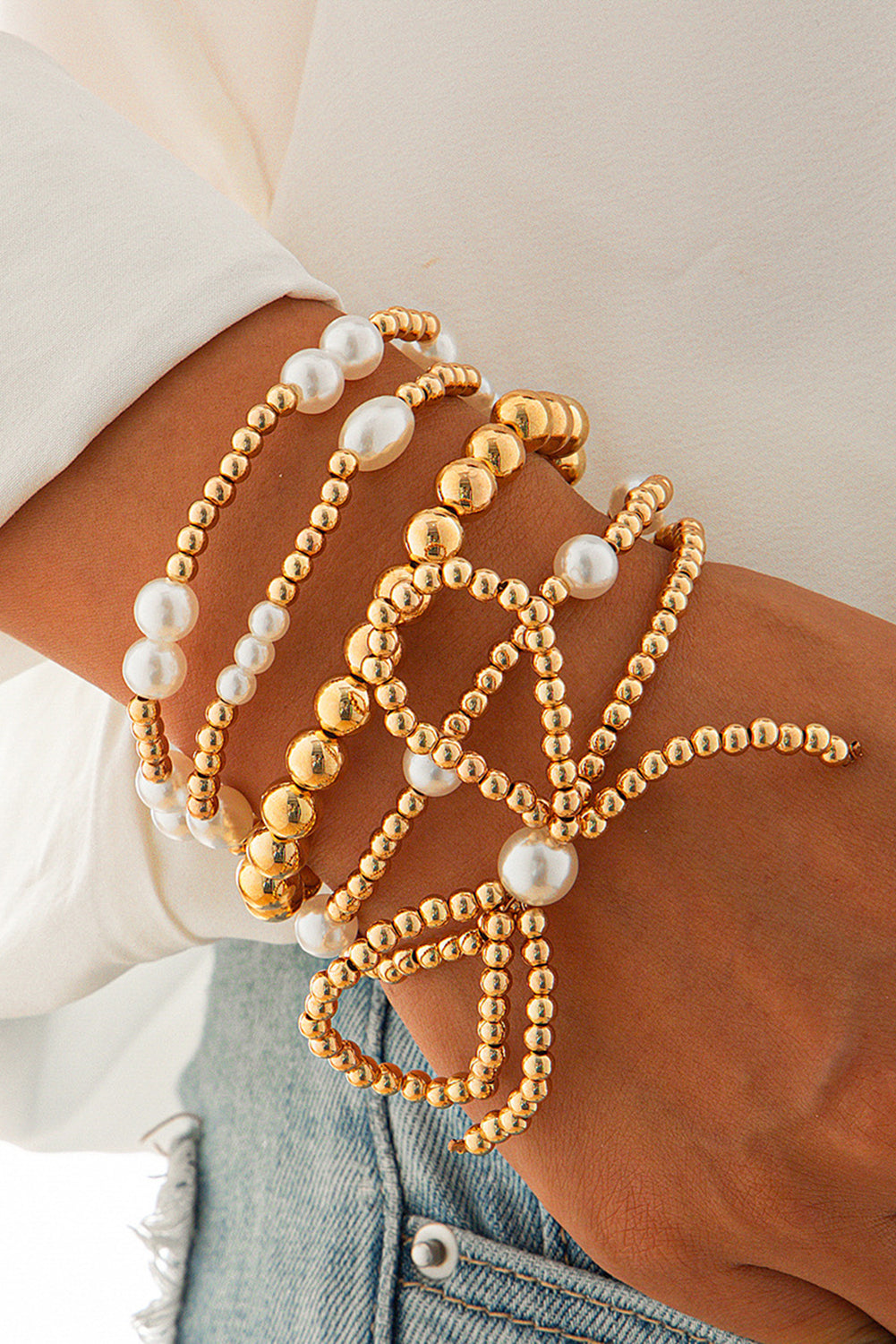 Gold Bow Knot Pearl Beaded Multi Layered Bracelet Set - HieuLuxe
