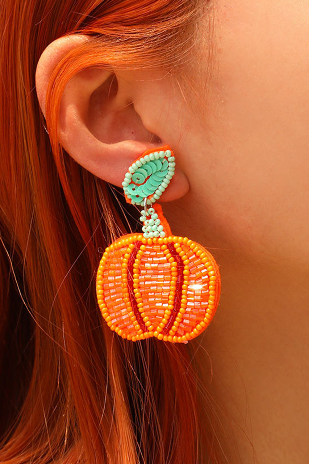 Orange Halloween Pumpkin Rice Beaded Drop Earrings - HieuLuxe