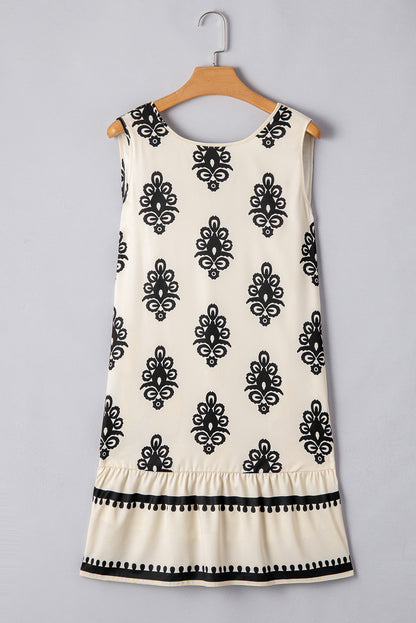 Beige Geometric Printed Sleeveless Hollowed Bowknot Back Mini Dress - HieuLuxe
