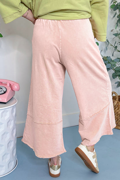 Pink Flower Patch Mineral Washed Cropped Wide Leg Pants - HieuLuxe