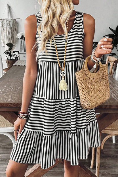 Black Stripe U Neck Sleeveless Loose Fit Mini Dress - HieuLuxe