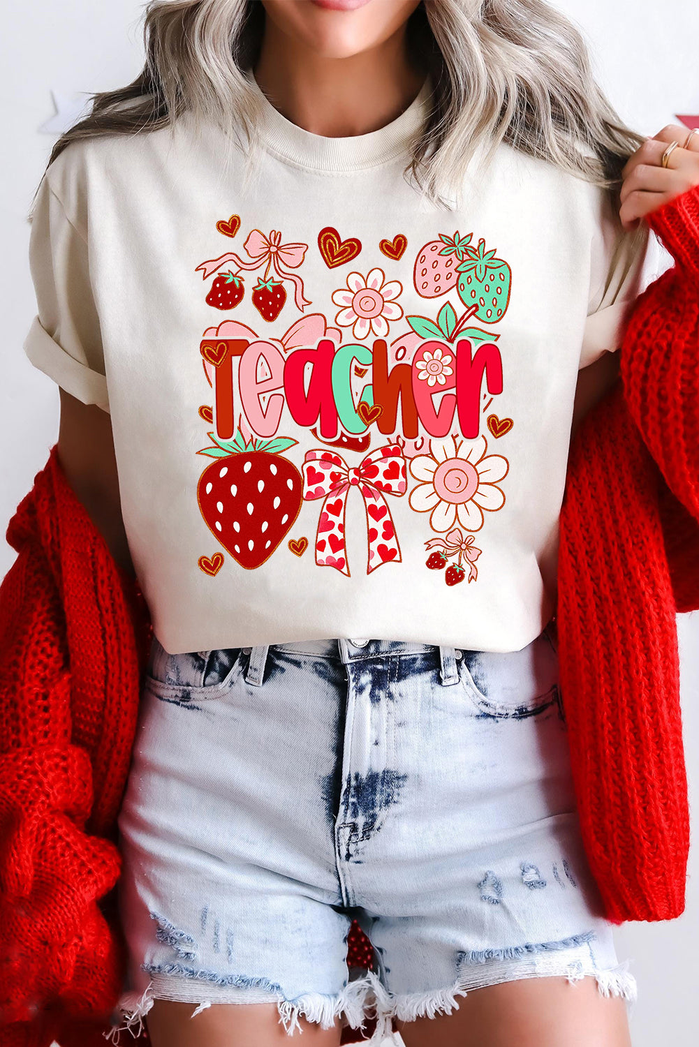 White Cute Strawberry Floral Teacher Graphic Custom Tee - HieuLuxe