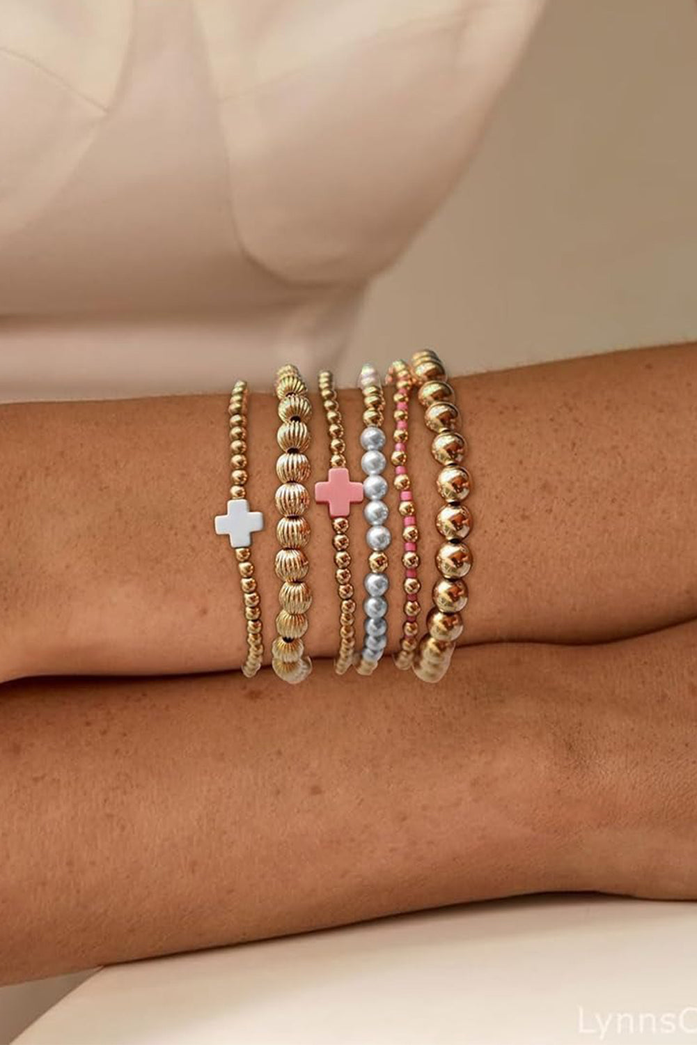 Gold Pearl Cross Beaded Stretch Bracelet Set - HieuLuxe