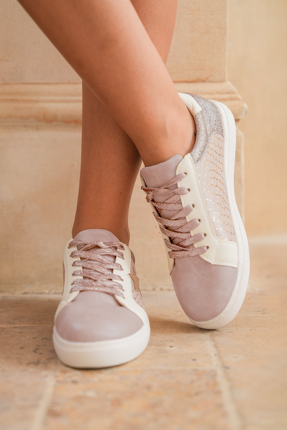 Gold Glitter Star Patchwork PU Leather Lace-up Sneakers - HieuLuxe