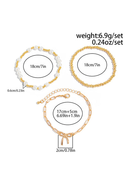 Gold Bow Pearl Decor Beaded Bracelet Set - HieuLuxe