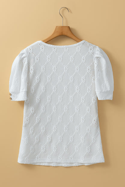 White Embroidered Floral Geometric Button Short Sleeve Top - HieuLuxe