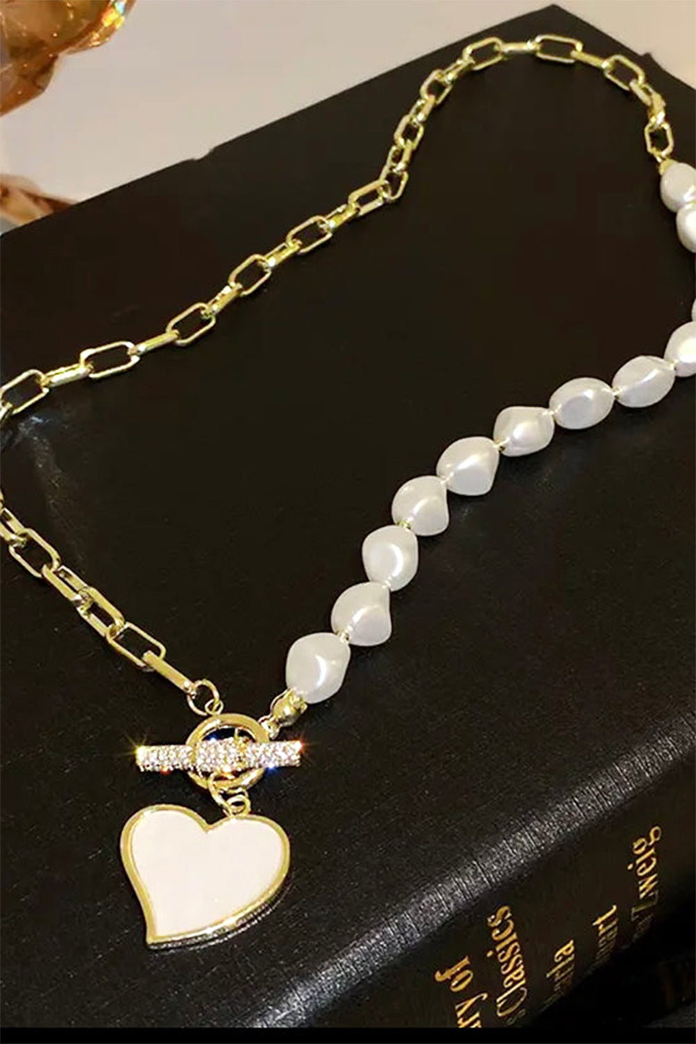 Gold Heart Shape Pendant Rhinestone Pearl Chain Necklace - HieuLuxe