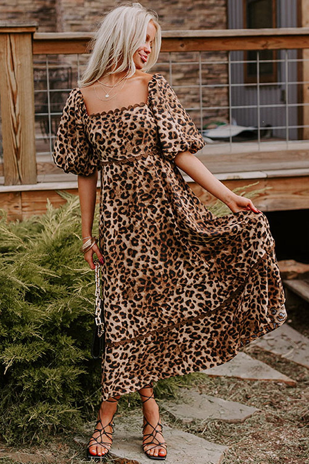 Brown Leopard Print Puff Sleeve Ricrac Maxi Dress - HieuLuxe