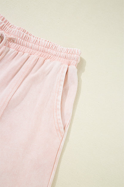 Pink Flower Patch Mineral Washed Cropped Wide Leg Pants - HieuLuxe