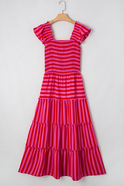 Rose Stripe Ruffle Strap Shirred Bodice Tiered Maxi Dress - HieuLuxe