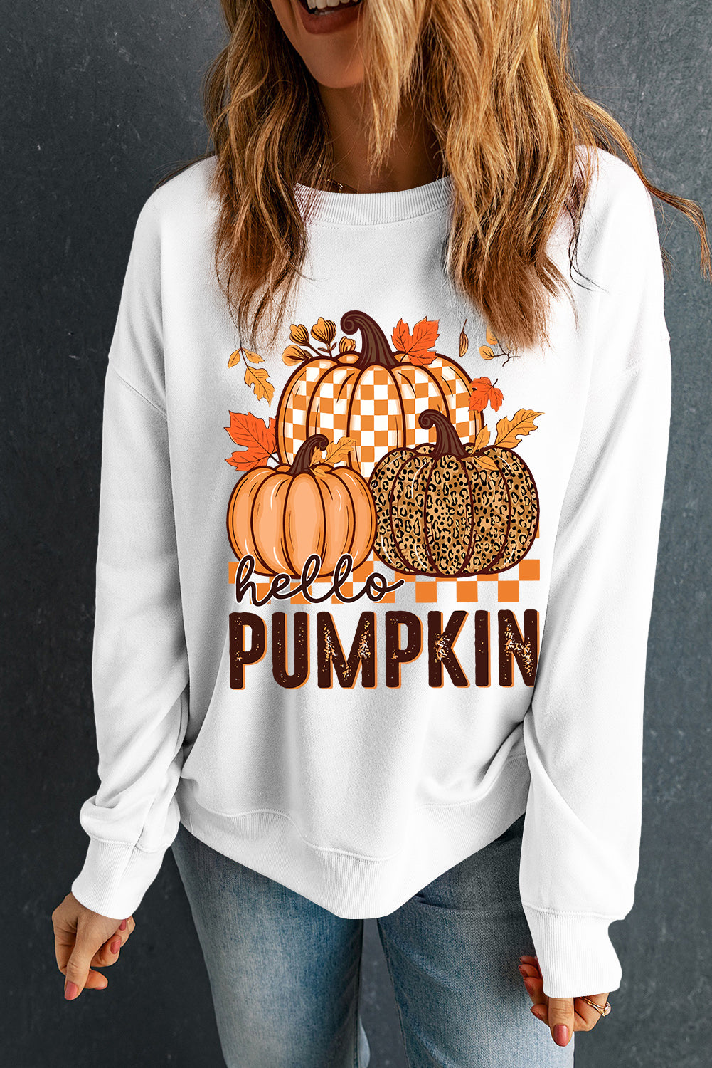 White Hello Pumpkin Thanksgiving Graphic Sweatshirt - HieuLuxe