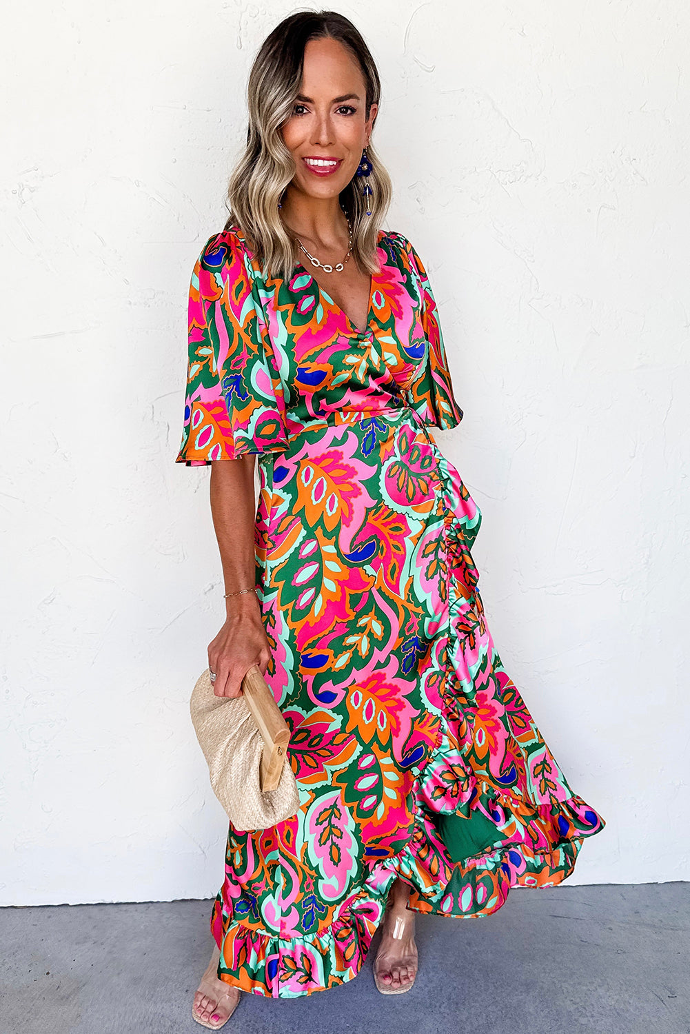 Rose Tropical Plant Print Surplice V Neck Ruffle Hem Maxi Dress - HieuLuxe