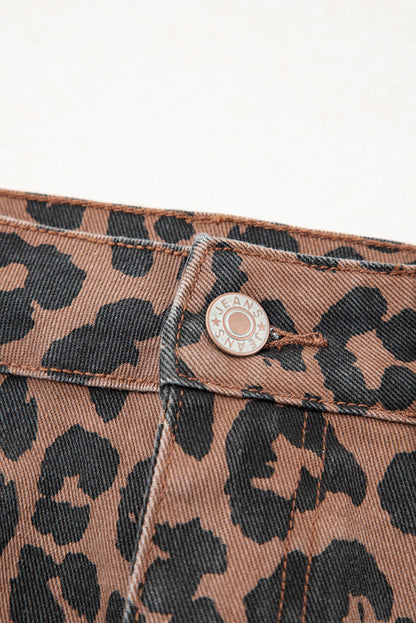 Brown Leopard Frayed Split Denim Midi Skirt - HieuLuxe