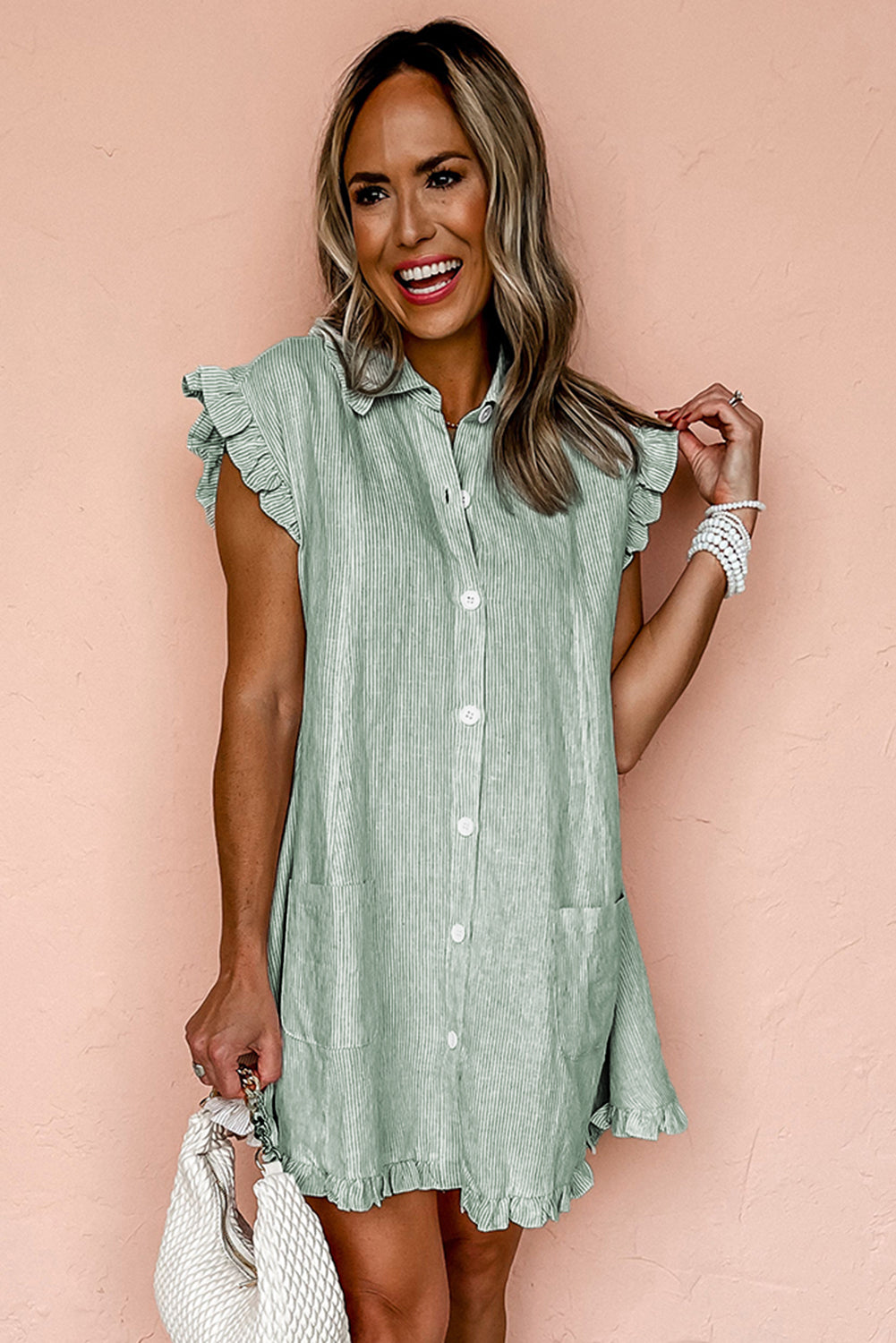 Green Stripe Frill Trim Pocket Button Up Mini Dress - HieuLuxe