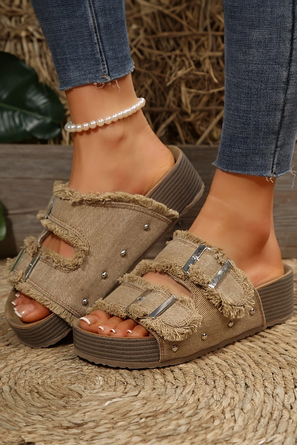 Pale Khaki Double Buckle Straps Frayed Detial Retro Slippers - HieuLuxe