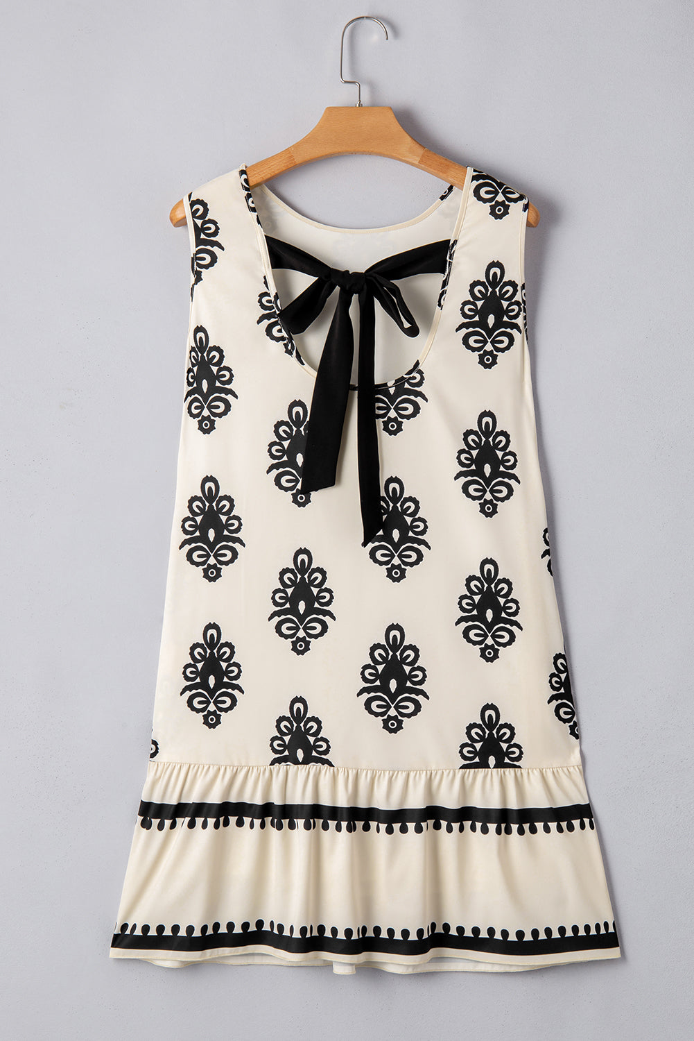 Beige Geometric Printed Sleeveless Hollowed Bowknot Back Mini Dress - HieuLuxe