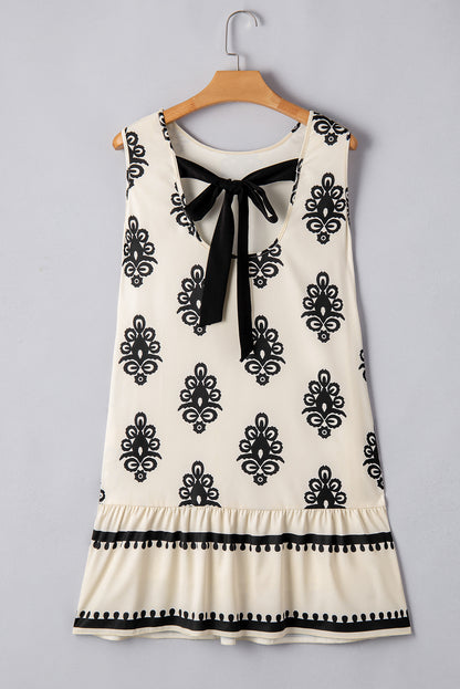 Beige Geometric Printed Sleeveless Hollowed Bowknot Back Mini Dress - HieuLuxe