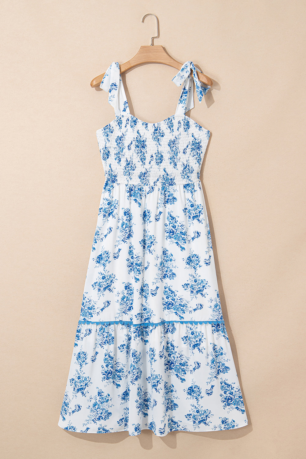 Sky Blue Floral Print Smocked Knot Shoulder Sleeveless Midi Dress - HieuLuxe