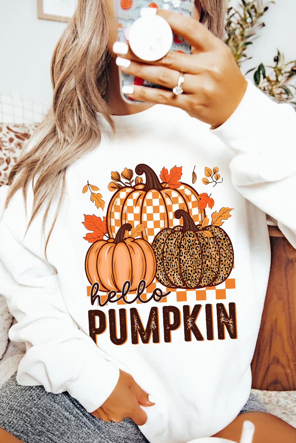 White Hello Pumpkin Thanksgiving Graphic Sweatshirt - HieuLuxe