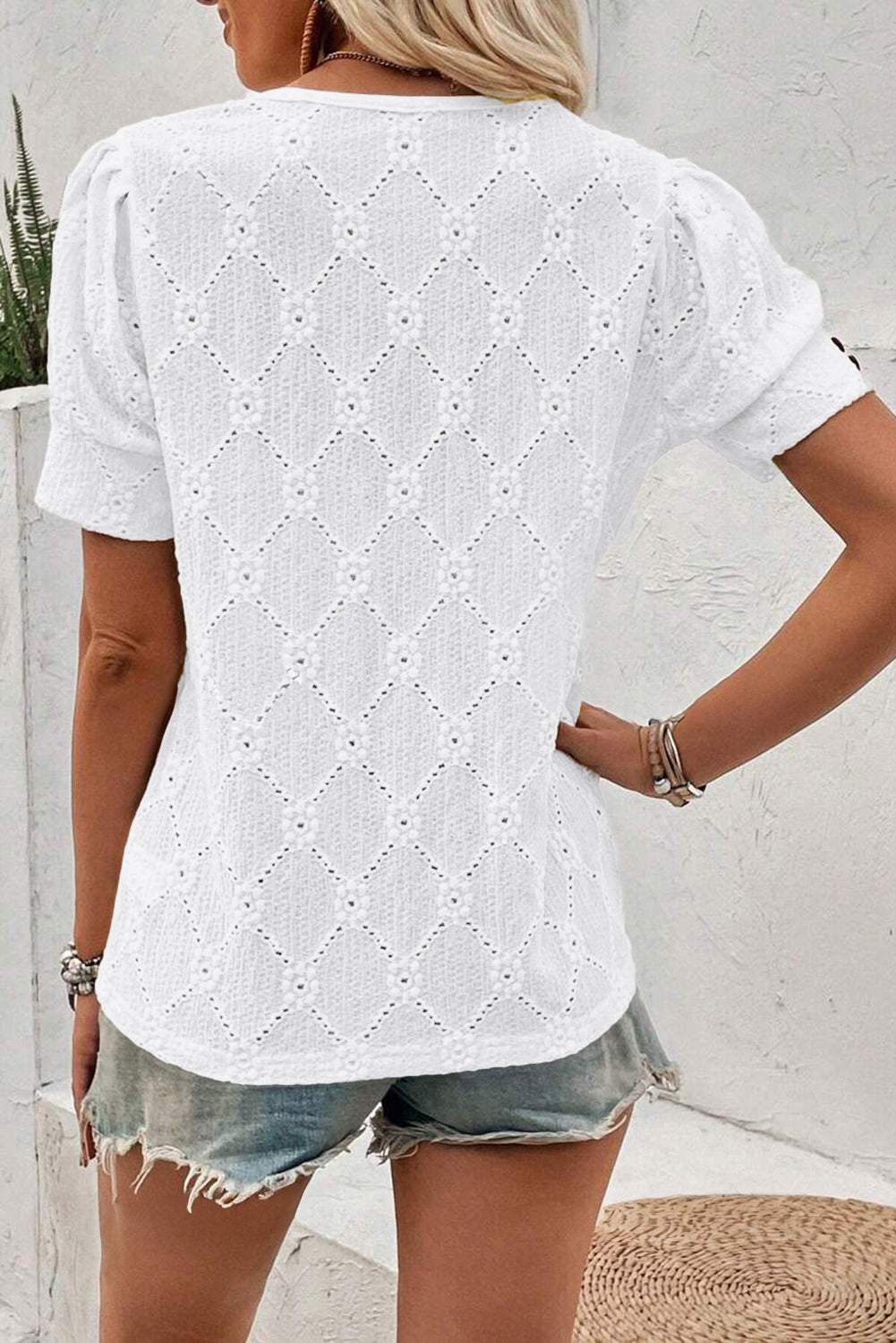 White Embroidered Floral Geometric Button Short Sleeve Top - HieuLuxe